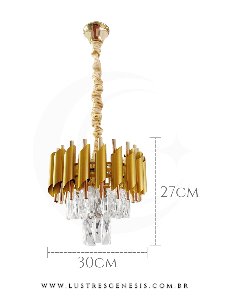 Pendente dourado Líbia de cristal contemporâneo, com 30cm de diâmetro e 27cm de altura, ideal para sala de jantar e estar.